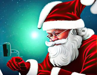 AI generated image of Santa Claus wearing his red suit and head and looking at a laptop.