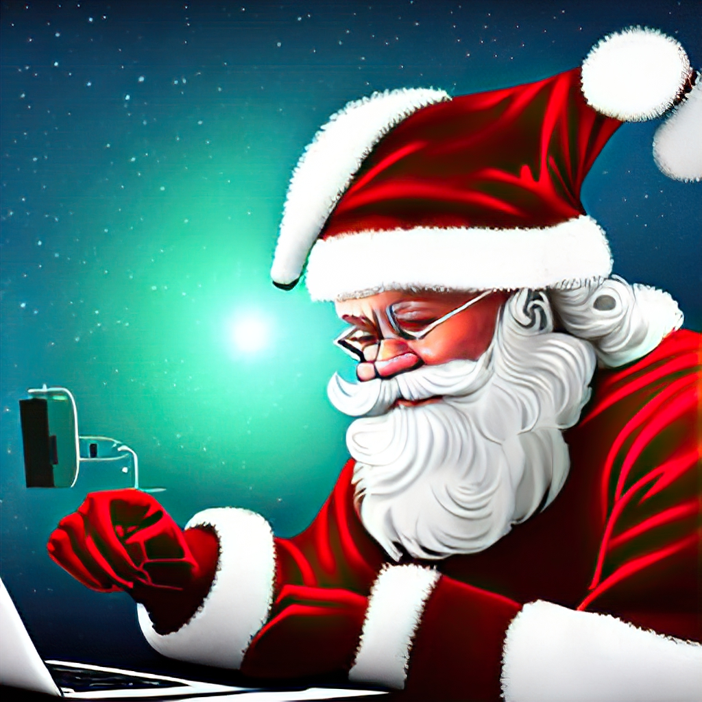 AI generated image of Santa Claus wearing his red suit and head and looking at a laptop.